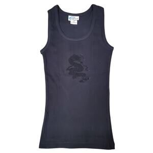 Y2k Grunge Tank Top Black Velvet Dragon Graphic Deadstock Las Olas - Size XS